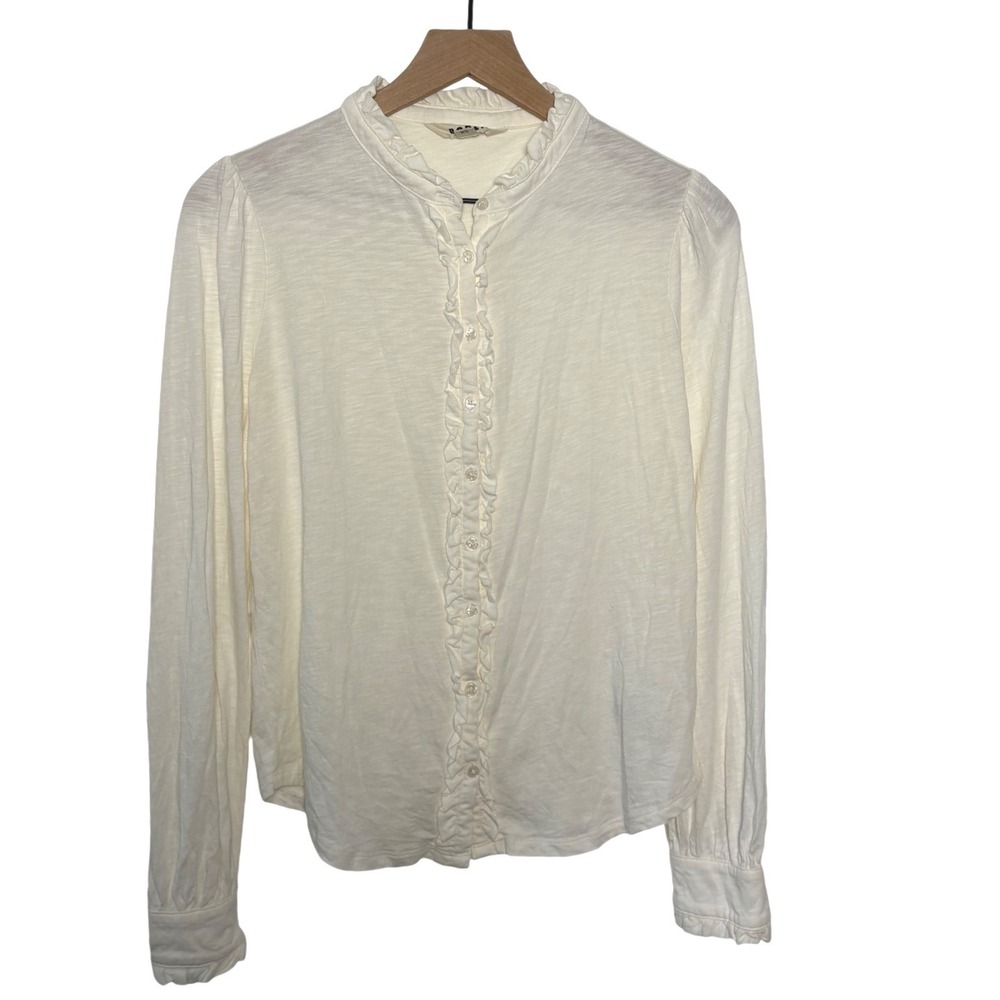 Boden Top Cream Ruffle Trim Long Sleeve Slub Knit Button Front Blouse US 4